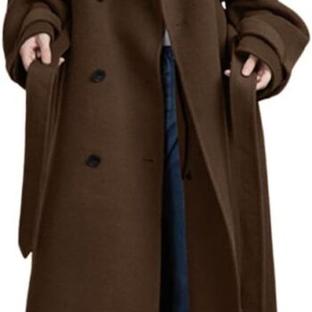 Women Winter Double Breasted Wool Coat Long Sleeve Notch Lapel Midi Long Winter Trench Coat with Belt