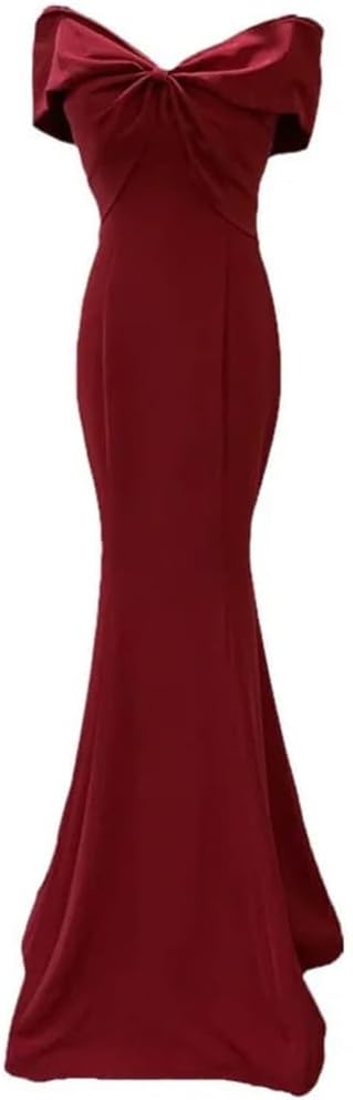 Burgundy Bridal Wedding Party Dress V Collar Bow Long Fishtail Dress Evening Dress Bridesmaid Dresses(X-Large)