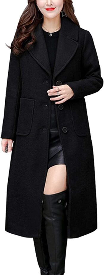 Women Big Notch Lapel Single Breasted Mid-Long Wool Blend Coat