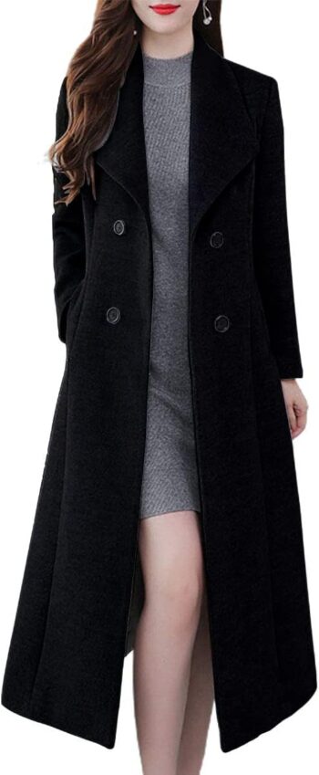 Women Shawl Collar Double Breasted Below Knee Slim Wool Trench Long Coat