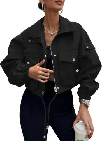 Women Cropped Bomber Jacket  Trendy Zip Up Lightweight Utility Anorak Coat With Pockets