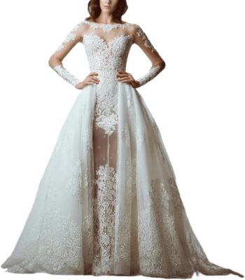 Bridal Gown Detachable Train Lace Sheer Long Sleeves Mother of the Bride Dresses