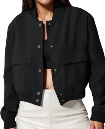 Women Spring Varsity Bomber Jackets Long Sleeve Cropped Button Down Casual Coat with Pockets Outwear