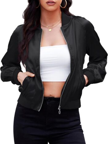 Bomber Jacket Women  - Lightweight Cropped Jacket Zip Up Casual Striped Women Jackets Trendy Outerwear with Pockets