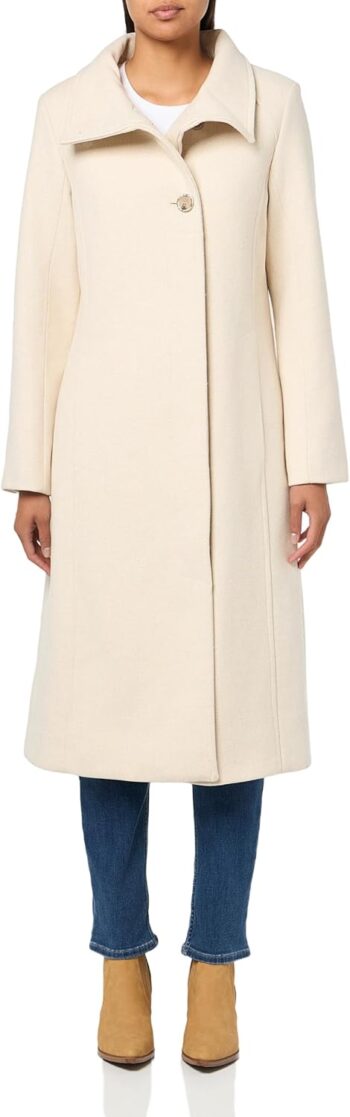 Women Classic Wool  Three Button Stand Collar and Back Belt Detail