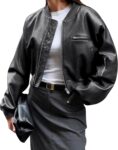 Women Faux Leather Bomber Jackets Baseball Collar Zip Up Cropped Biker Coat with Pockets