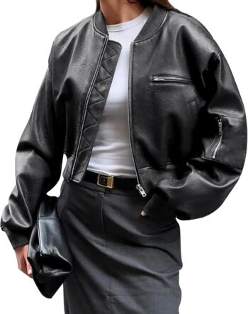 Women Faux Leather Bomber Jackets Baseball Collar Zip Up Cropped Biker Coat with Pockets