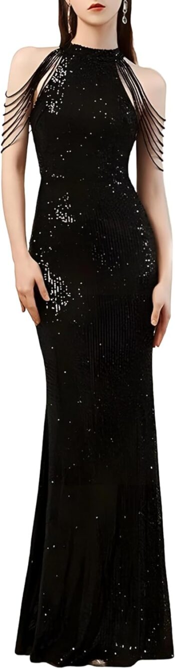 Women's Mermaid Evening Dress Long Sequin Tassel Prom Gown Elegant Bridesmaid Wedding Party Style