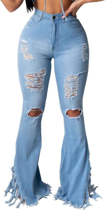 Skinny Ripped Bell Bottom Jeans for Women Classic High Waisted Flared Jean Pants