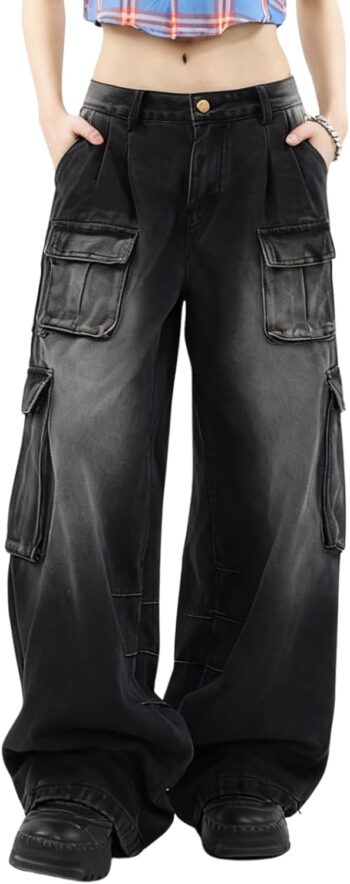 Baggy Cargo Pants for Women Girls Wide Leg Jeans  Hip Hop Streetwear Low Rise Oversized Jeans  Clothes Blue