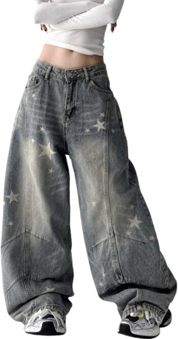 Baggy Jeans for Women Men Star Printed Barrel Jeans Low Rise  Boyfriend Denim Pants Streetwear Clothes
