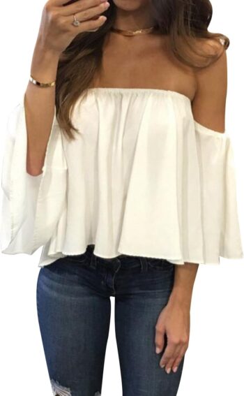 Women Summer Off Shoulder Blouses Short Sleeves Sexy Tops Chiffon Ruffles Casual T Shirt