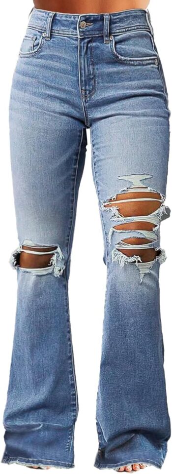 Women Bell Bottom Jeans Flared Ripped Stretchy Mid Rise Cut Out Distressed Denim Bootcut Jeans