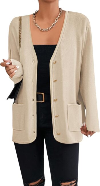 Women V Neck Button Long Cardigan Sweater Casual  Fall Knit Sweater Blazer with Pockets