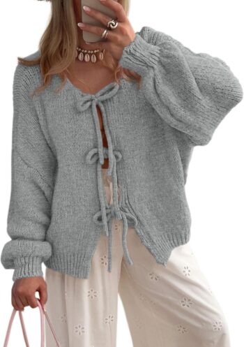 Women Tie Front Bow Cardigan Sweaters Chunky Knit Long Puff Sleeve Trendy Fall Winter Jacket Coats