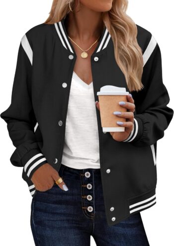 Bomber Jacket Women Varsity Casual Button Down Lightweight  Fall Fashion Short School Outfits with Pockets