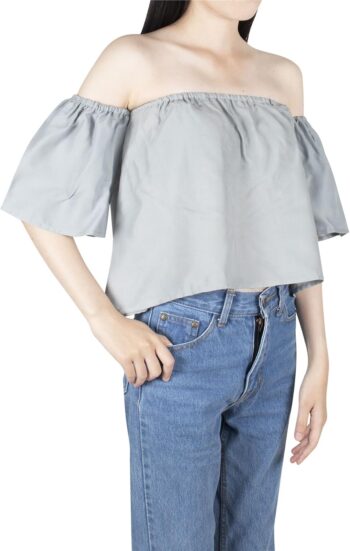 Women Off Shoulder Blouses Short Sleeve Sexy Tops Ruffle Casual T Shirt Ladies Fashion Loose Fit Chiffon Crop Tops Cute Casual Pleated - Solid Grey