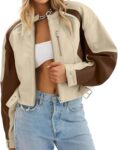 Women Faux Leather Bomber Jackets Cropped Zip Up Color Block Fall Casual Moto Biker Coats