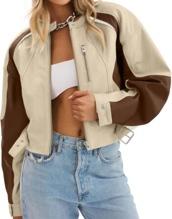 Women Faux Leather Bomber Jackets Cropped Zip Up Color Block Fall Casual Moto Biker Coats