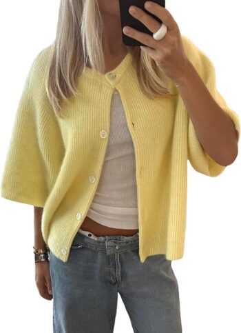Women Y2k Knitted Crop Cardigan Short Sleeve Button Up Rib Knit Solid Color Cute Sweater Shirt