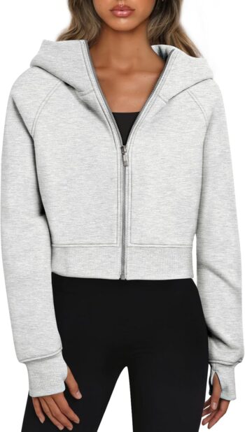 Women Zip Up Hoodies Jackets Cropped Sweatshirts Fleece Fall Outfits Casual Comfy  Tops Winter Clothes