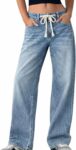 Women’s Low Rise Baggy Jeans, Casual Drawstring Wide Leg Denim Pants with Pockets