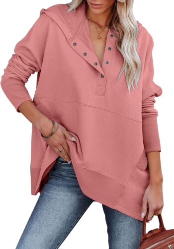 Women Oversized Hoodies and Sweatshirt V Neck Button up Loose Fit Henley Shirt  Fall Fashion