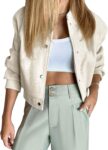 Women Cropped Bomber Jacket Wool Blend Varsity Short Pea Coats Long Sleeve Button Down Winter Casual Outerwear