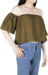 Women Off Shoulder Blouses Short Sleeve Sexy Tops Ruffle Casual T Shirt Ladies Fashion Loose Fit Chiffon Crop Tops Cute Casual Pleated - Green #28