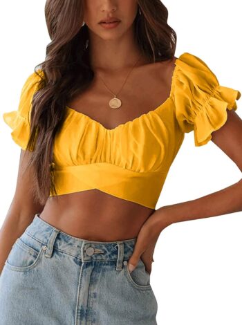 Women Ruffle Short Sleeve Off Shoulder Tie Up Back Crop Blouse Top