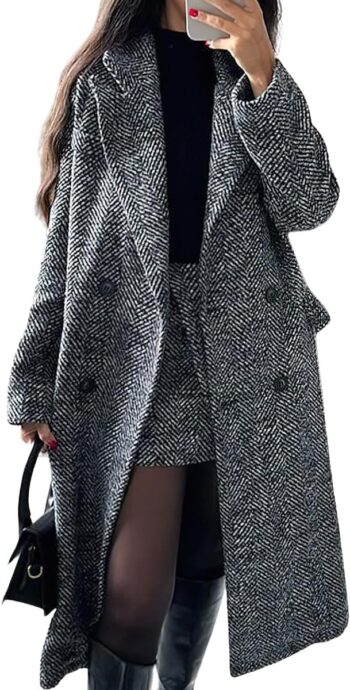 Women Winter Casual Herringbone Wool Coat Double Breasted Notch Collar Dressy Long Trench Coat
