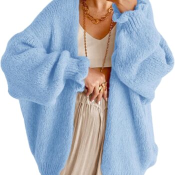 Women Oversized Open Front Cardigan Fall Ruffle Lantern Long Sleeve Chunky Knit Loose Sweater Coats