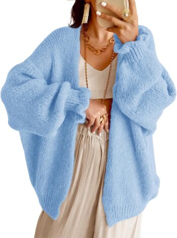 Women Oversized Open Front Cardigan Fall Ruffle Lantern Long Sleeve Chunky Knit Loose Sweater Coats