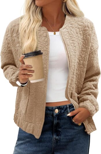 Women Bomber Jackets Lightweight Zip Up Fashion Cute Jacquard Coats Fall Varsity jacket