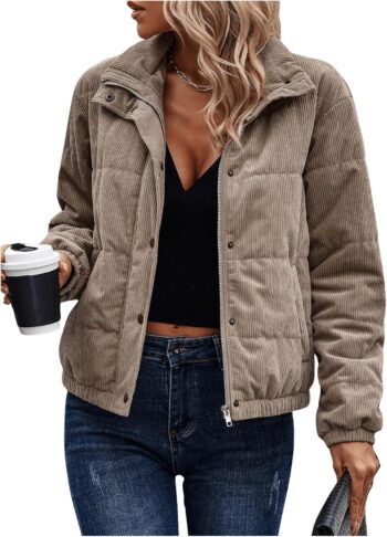 Women Corduroy Quilted Puffer Jacket Zip Up Long Sleeve Padded Bomber Barn Jackets Coat with Pockets