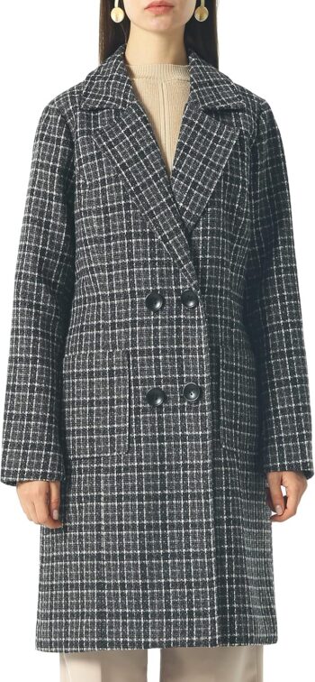 Women Elegant Notched Collar Double Breasted Wool Blend Over Coat