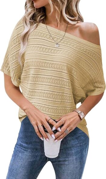Women Summer Crochet Tops Hollow Off Shoulder Short Sleeve Bat Sleeve Knitted Spring Sweater Tops